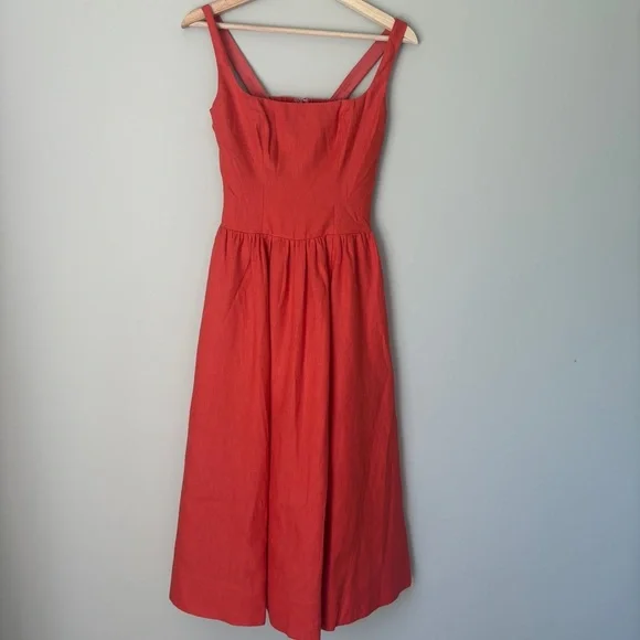 NEW Reformation Janu Midi Linen Dress Red Coral Orange | US 0 UK 4 - Picture 9 of 16